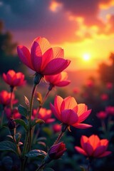 Fototapeta premium Sunset hues paint cosmos petals, vibrant blooms against fiery sky, golden hour, orange