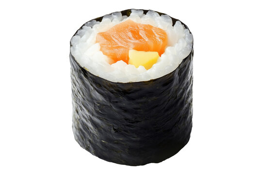Sushi roll Maki with salmon, avocado, cucumber and rice wrapped in seaweed, isolated on white transparent background, concept of Japanese cuisine - Powered by Adobe