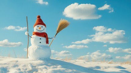 Smiling snowman in winter landscape