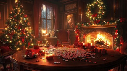 A festive Christmas interior scene by a warm fireplace.