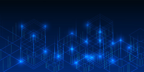 Stacked squares represent massive data storage, structured processing, and the interconnection of data in complex and precise information technology systems.