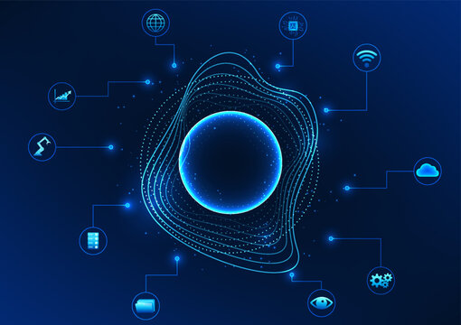 Sound wave in a circle surrounded by an AI icon represents AI technology that can listen and process voice commands to control automatic functions in various systems as a smart device. Business