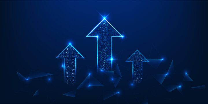 Upward arrow with the technology element represents the growth of modern business driven by digital innovation and intelligent systems to continuously increase efficiency and create economic