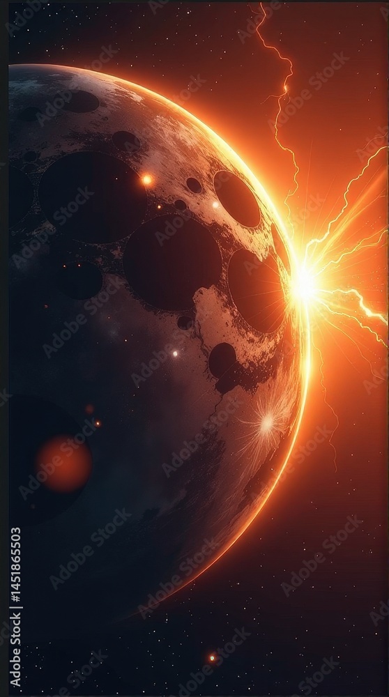 Canvas Prints fiery cosmic impact on lunar surface with glowing craters and space background.