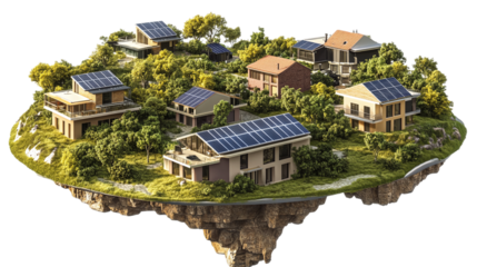 Floating community solar dashboard visualizing neighborhood energy generation, isolated, PNG format, transparent background. Varient 2