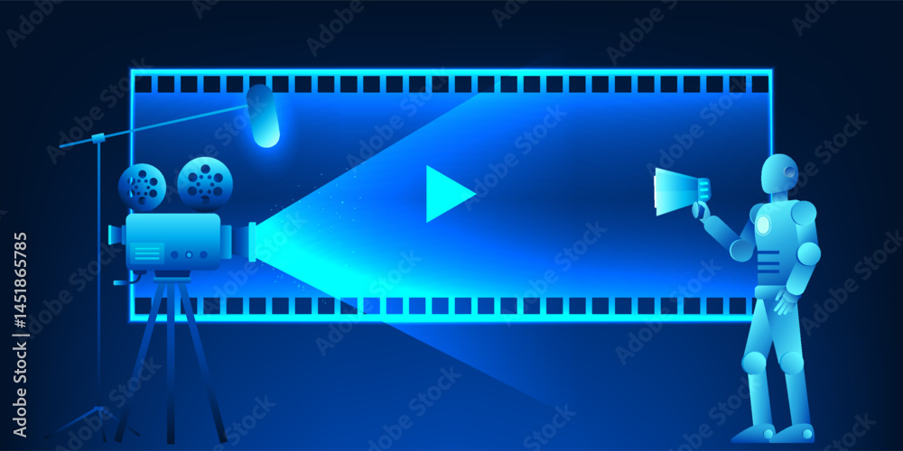 Poster camera is projecting a film, with a robot giving commands, suggesting the use ai to create videos th