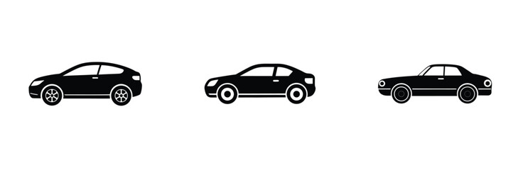 Silhouettes of various car models, side view, black and white, minimalist design, automotive illustration.