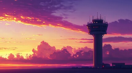 The airport control tower's silhouette rises against the breathtaking hues of the sunrise, as the sun slowly rises, marking the start of a new day.