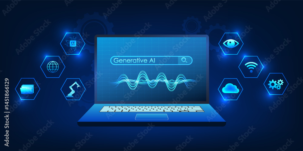 Poster laptop showing the process of generating video using ai, reflecting the use generative ai technology