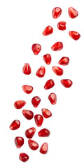 Falling pomegranate seeds cascading isolated on transparent background