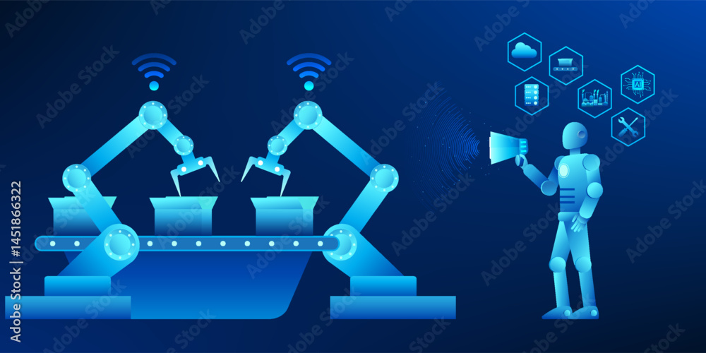 Poster robot controlling a mechanical arm in a factory represents the new era of industrial innovation that