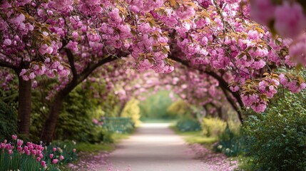 Pink Cherry Blossom Tunnel with Blooming Flowers in Springtime