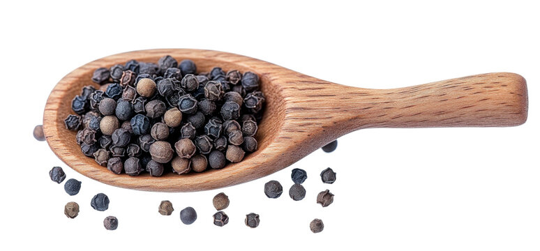 peppercorns in wooden spoon - isolated