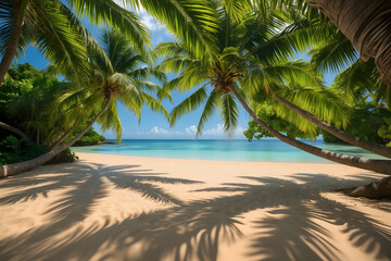 Obraz premium Tranquil tropical beach paradise with palm trees and turquoise ocean view
