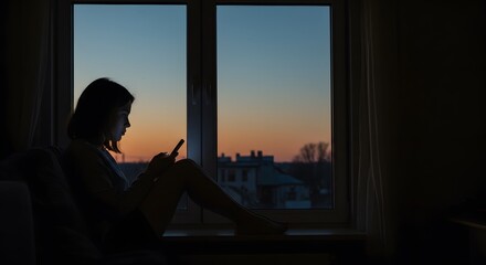 Window Sill Contemplation: A silhouette of a person engrossed in a handheld device, framed against the vibrant hues of a sunset visible through a window.