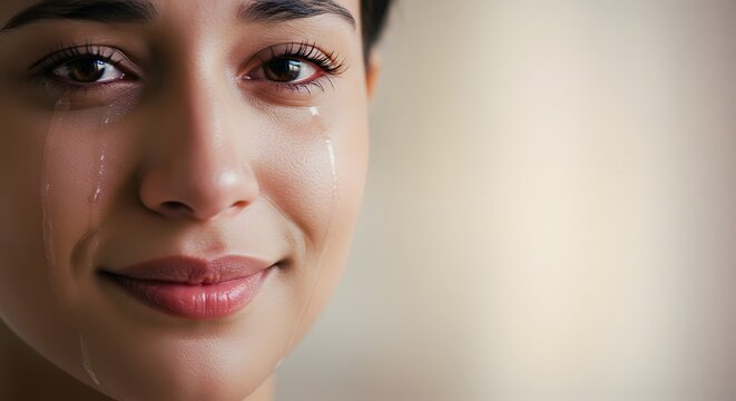 Bittersweet Tears: A close-up portrait captures a young woman's face, tears streaming down her cheeks as a faint smile plays on her lips, revealing a poignant mixture of sadness and happiness. 