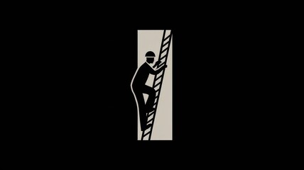 Fototapeta premium Silhouette of a worker climbing a ladder, minimalist design, black and beige color palette.
