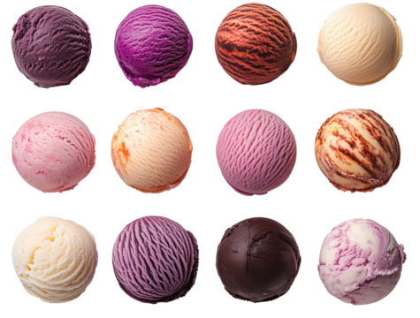 Variety of colorful ice cream scoops arranged in a grid, showcasing different flavors and textures
