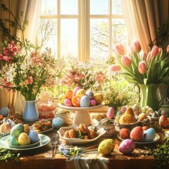 Easter Feast in a Sunlit Room: A Celebration of Spring with Painted Eggs, Fresh Flowers, and Delicious Treats, Bathed in the Warm Glow of a Window
