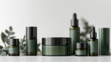 Cosmetic display featuring green skincare products arranged elegantly on a minimalist surface