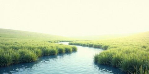 Fototapeta premium Serene Stream Meandering Through Lush Green Meadows Under a Soft, Bright Sky