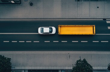 High-angle view of a city street with a white car and a yellow dumpster