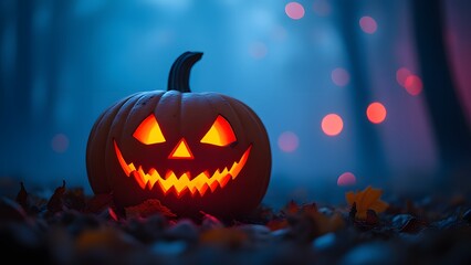 Naklejka premium Spooky Halloween Jack-o'-lantern in Dark Forest