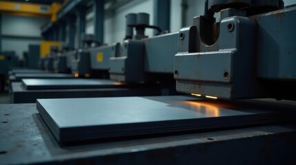 Fototapeta premium Industrial Metal Sheet Processing Precision Cutting and Stacking on a Modern Factory Line