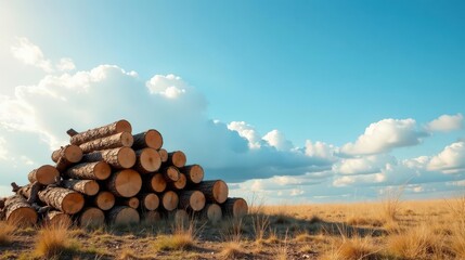 Stack of Logs in a Sunny Meadow Under a Blue Sky with Fluffy Clouds