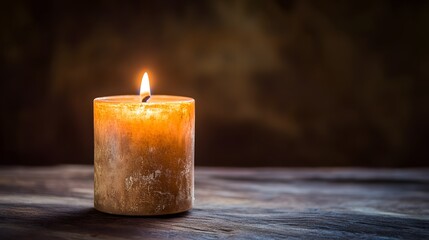 Burning Candle on Rustic Wooden Table Background