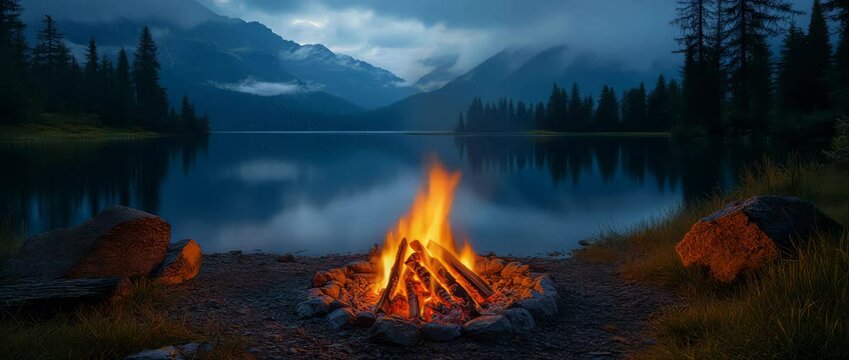 A fire is burning in a circle of logs on a beach next to a lake. The fire is surrounded by rocks and the water is calm. The scene is peaceful and serene, with the fire providing warmth