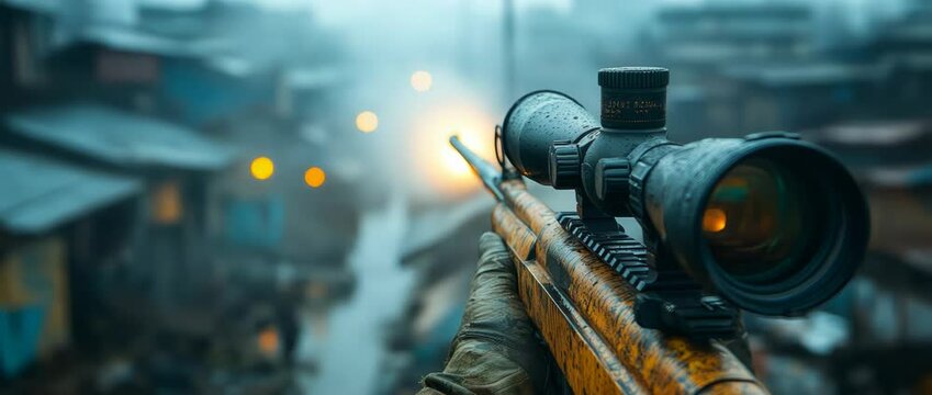 A person is holding a rifle with a scope and looking through it. The scene is set in a city with buildings and a street. Scene is tense and serious, as the person is preparing to take a shot