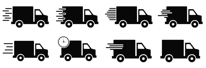 Express Delivery Truck Icons Set – Fast Shipping Van, Courier Parcel, and Logistics Service Vector Illustration