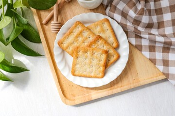 Sugar Crackers, sugar Biscuit in white ceramic plate, coffee break