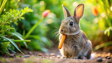 Fototapeta premium A Cute Bunny Rabbit Enjoying a Tasty Carrot in a Lush Green Garden Setting