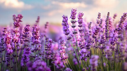 Fototapeta premium Lavender Flowers Blooming Under Soft Sunlight in Beautiful Rows