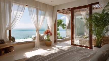 Light and Airy Tropical Bedroom with Sheer Curtains by the Sea