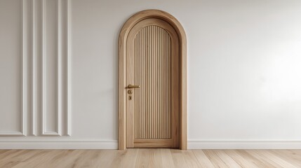 Wooden arched door on a white wall
