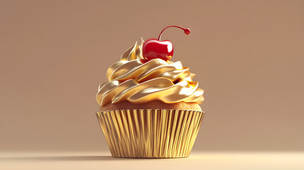 A golden cupcake with a swirl of metallic gold frosting and a bright red cherry on top sits against a muted gold background.