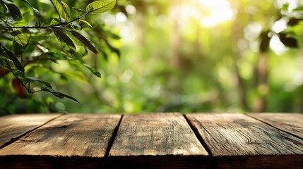 Fototapeta premium Rustic Wooden Table Top with Spring Forest Background Light