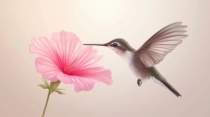 Obraz premium An illustration of a hummingbird in flight, hovering delicately in front of a vibrant orange flower.