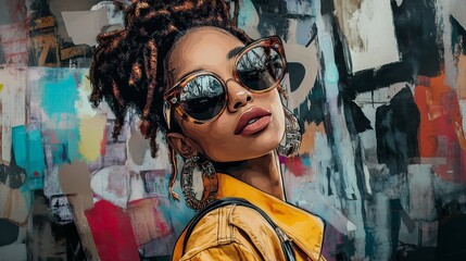 2d sticker an attractive woman rapper looking at the camera with a surreal and cluttered background