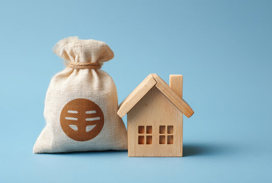 A wooden house model is placed beside a bag representing Philippine Pandi on a blue backdrop. This arrangement highlights traditional craftsmanship and cultural heritage