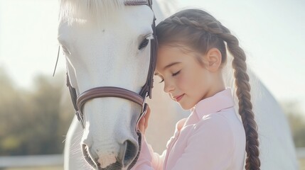 8 year old girl hugging her large white pony's face. Pony forelock and girl's hair have matching braids and pale pink clothes and bridle