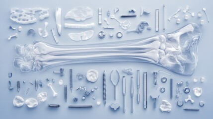 Fototapeta premium Medical instruments and bone structures in light blue background