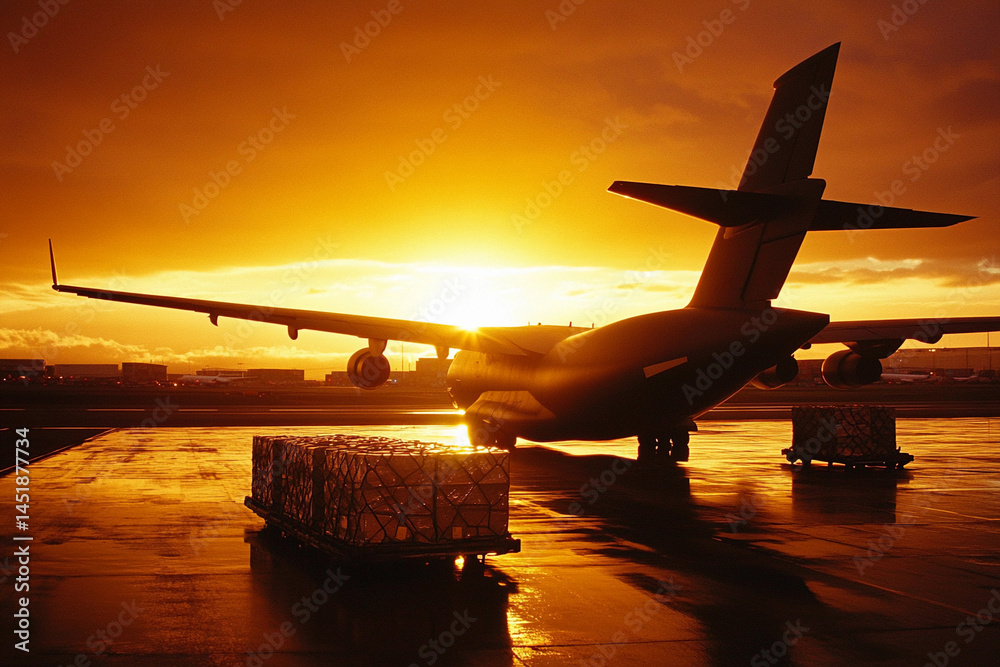 Poster cargo plane loading at sunset with dramatic lighting generative ai