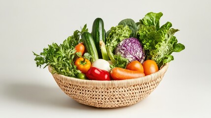 Handwoven basket with fresh, colorful vegetables isolated for use in food delivery and health campaigns