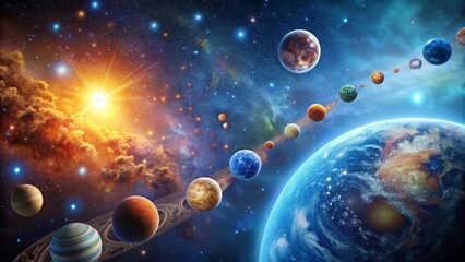 A Celestial Tapestry Ornate Ring Encircling Planets, Stars, and a Radiant Sun in a Vivid Cosmic Scene