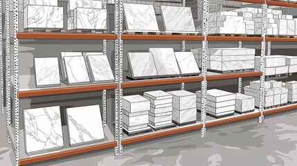 interior illustration with labeled sections storing raw marble blocks, polished slabs, and finished tiles on shelves marble warehouse interior storage slab raw blocks tiles shelf inventory labeling 