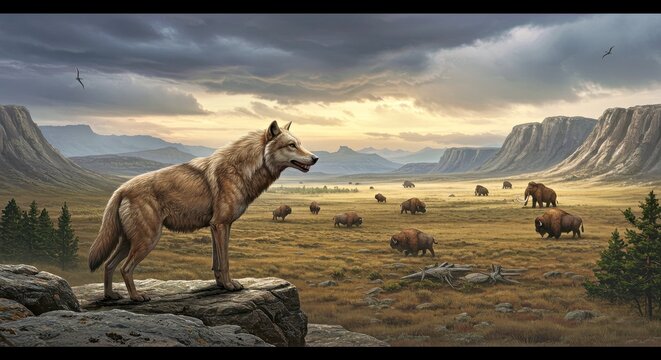Ancient Dire Wolf On Rocky Outcrop Over Ancient Landscape